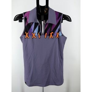 SwingDish Womens Purple Sleeveless Golf Polo Shirt‎ Lace Up Mesh Geometric Small